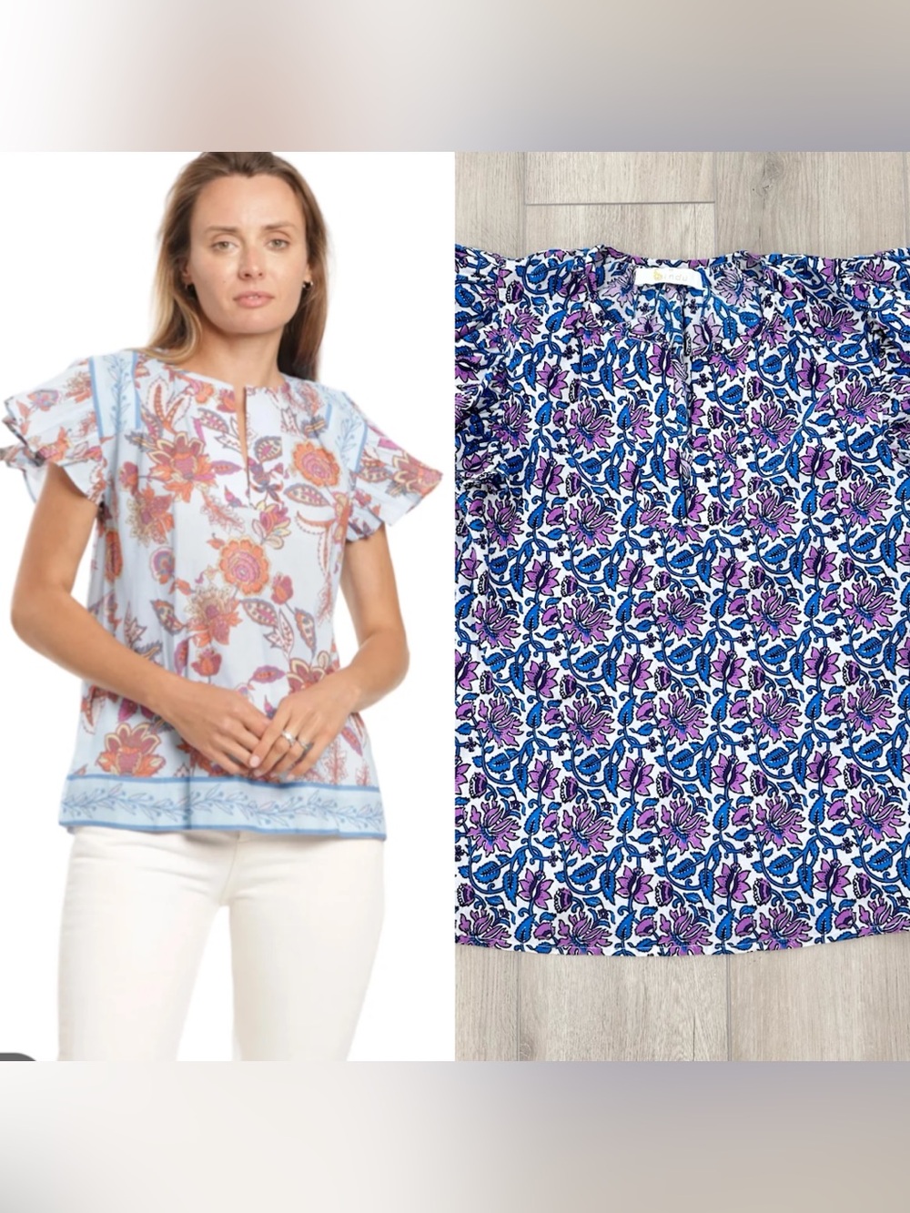 Bindu Marion top flutter sleeve floral top blue purple XS